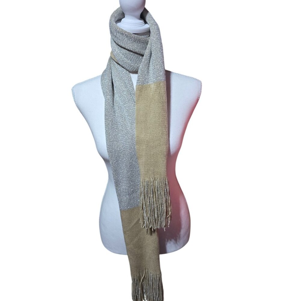 Shiny Silver & Beige Winter Silver Scarf With Tassles